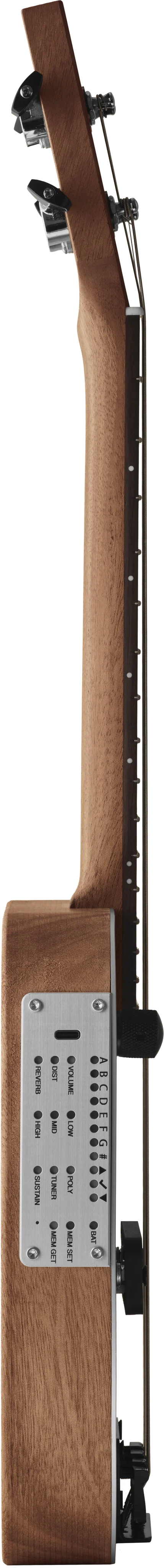 Mekani WAO in profile, showing the slim walnut body and side panel